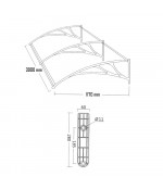 Sujungtas polikarbonato stogelis 1200x3000 mm tamsintas, juodi laikikliai