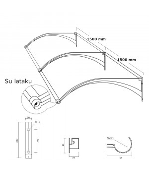Aliuminis stogelis su lataku 980x3000 mm pilki laikikliai