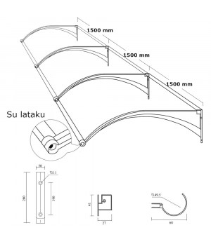 Aliuminis stogelis su lataku 980x4500 mm pilki laikikliai